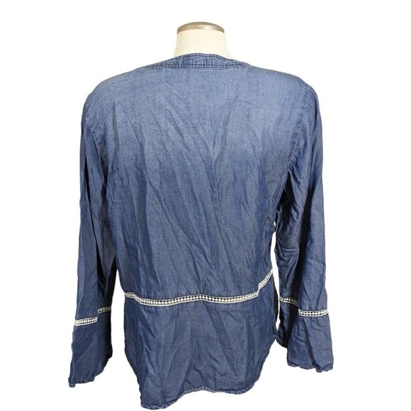 Womens XL Chambray Top Lagenlook Blouse Boho Blue Flare Sleeve Lyocell Casual - Picture 5 of 7